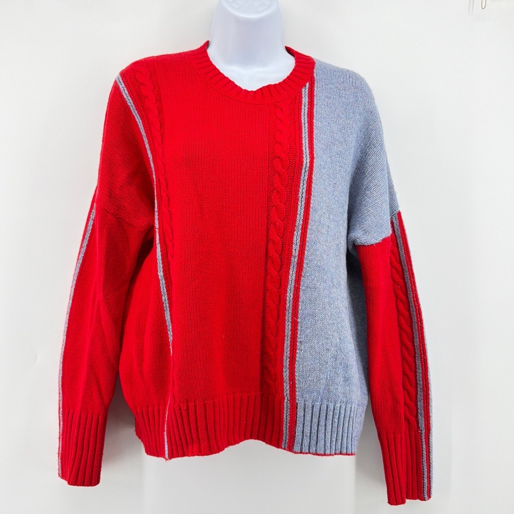Zaket & Plover Small Red Grey Merino Wool Cable Knit Colorblock Crewneck Sweater
